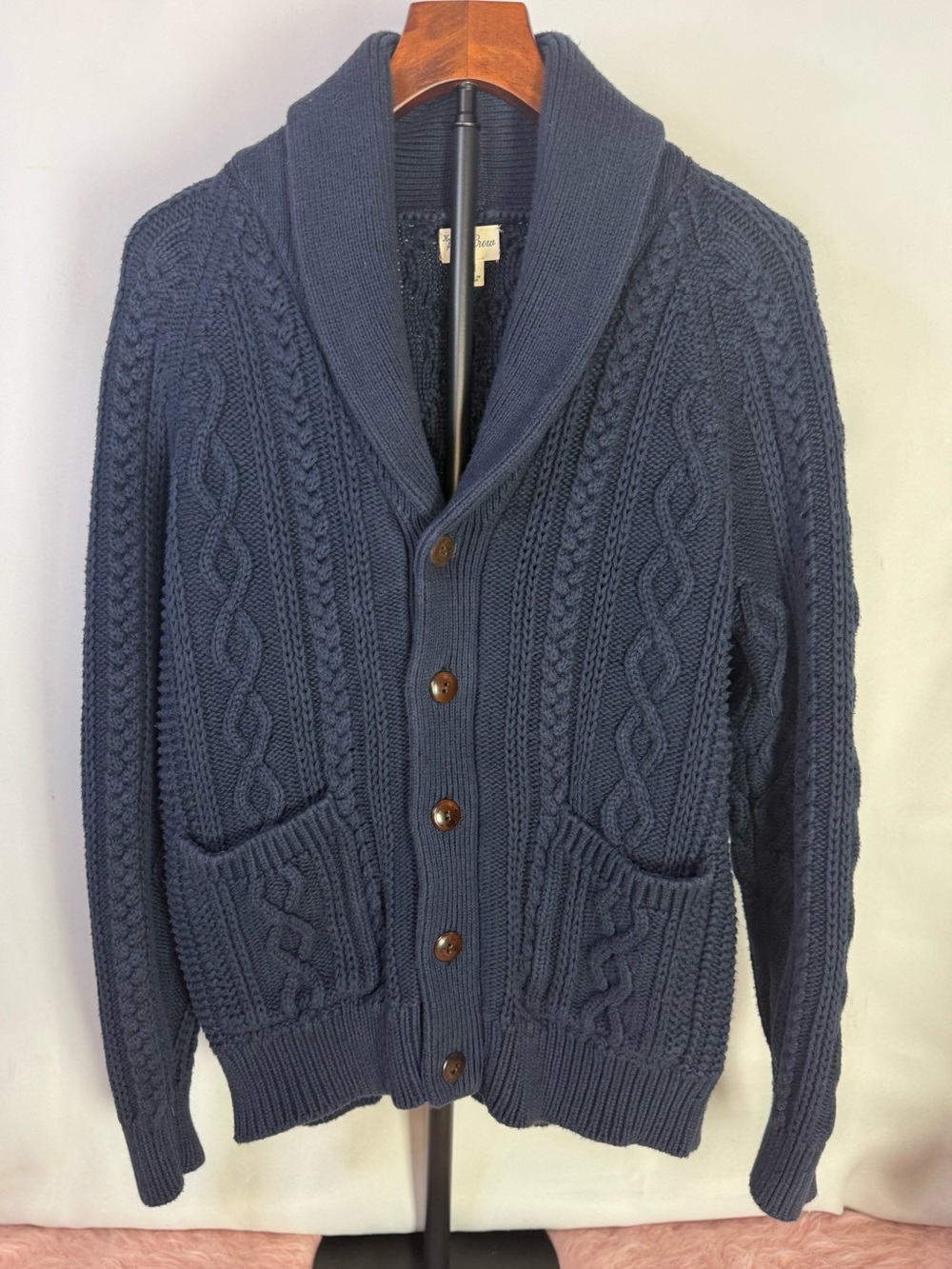 J. Crew - 100% Cotton Men's Navy Shawl-Collar Cable Knit Sweater - Size M